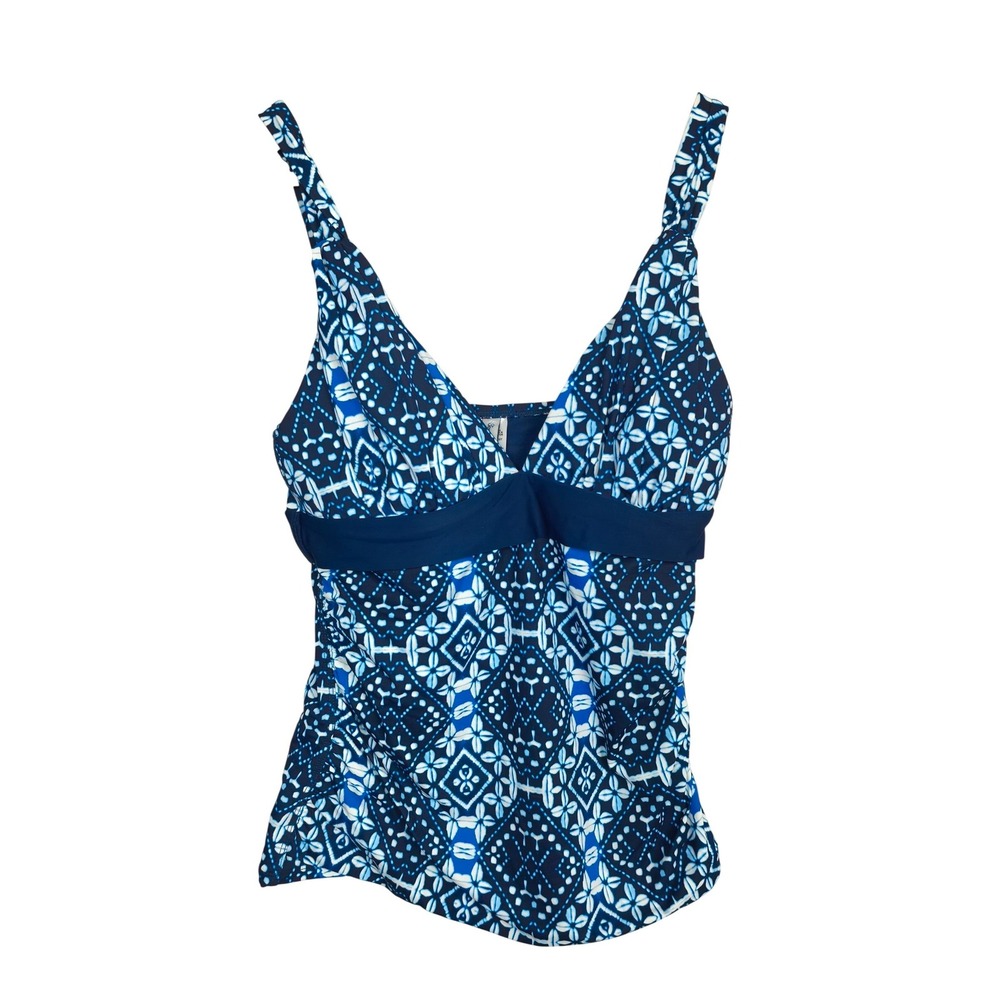 NWT Tommy Bahama Tommy Control Blue Geometric Tile Print Tankini Top V-Neck XL